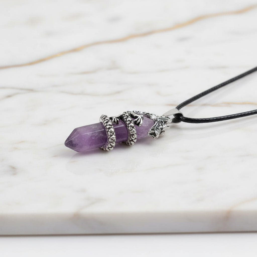 Amethyst Halskette – Doppelender mit Drachenmotiv CrystalScents