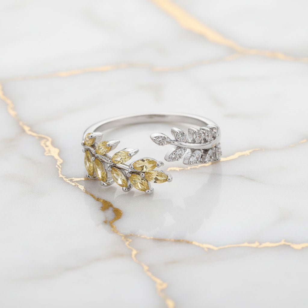 Ring Silber mit offenem Blatt-Design in Champagner CrystalScents