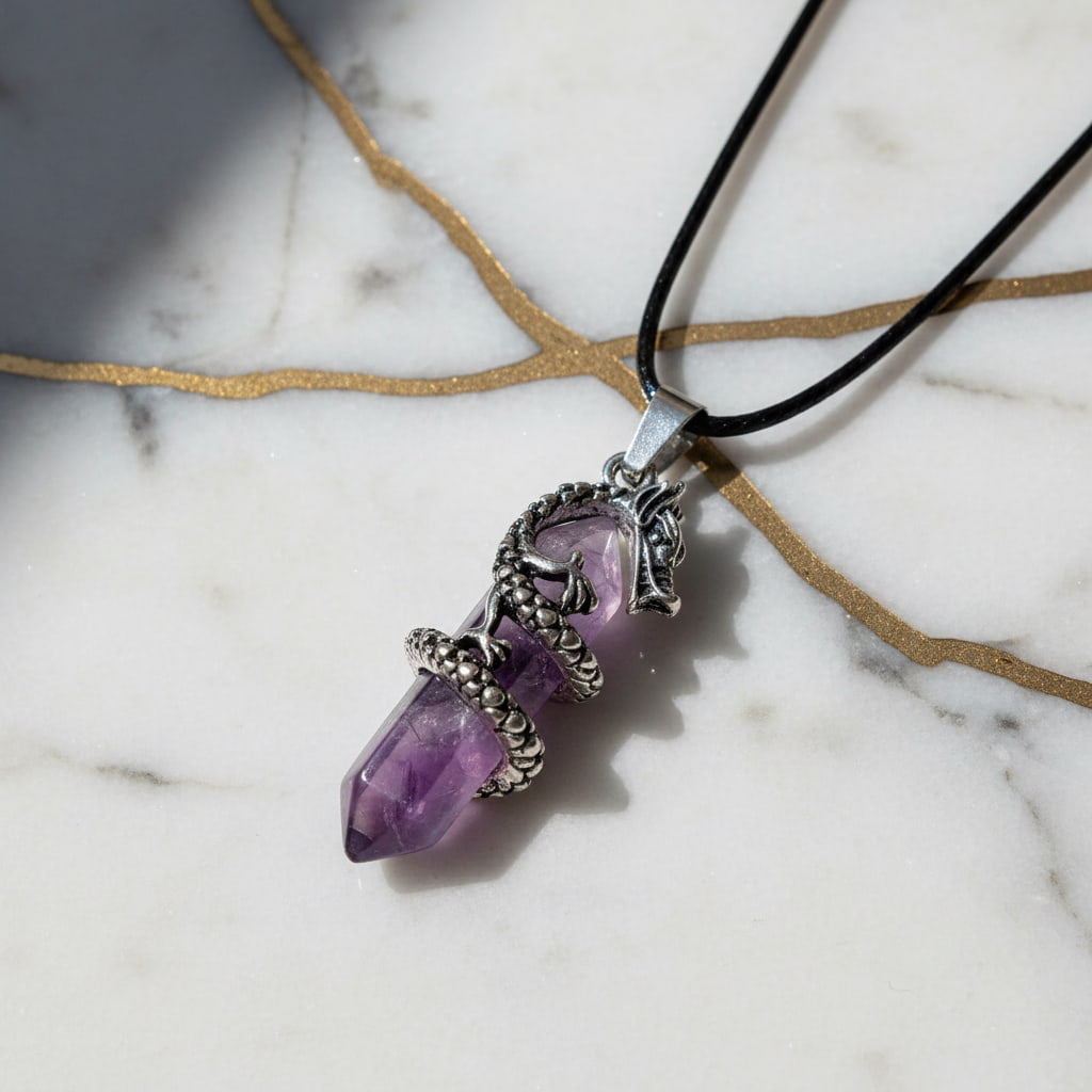 Amethyst Halskette – Doppelender mit Drachenmotiv CrystalScents