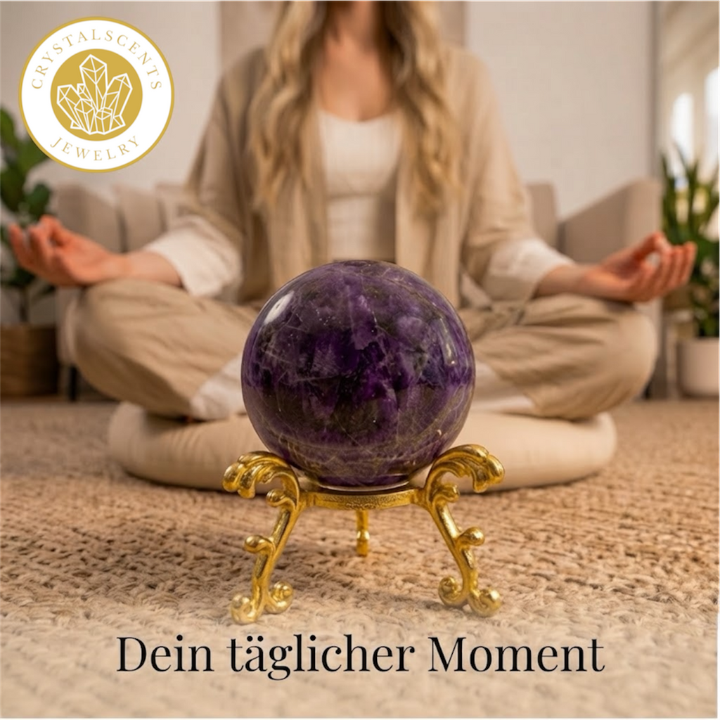 Amethyst Kugel (5-6 cm) inkl. goldenem Aufsteller – Unikat der Natur