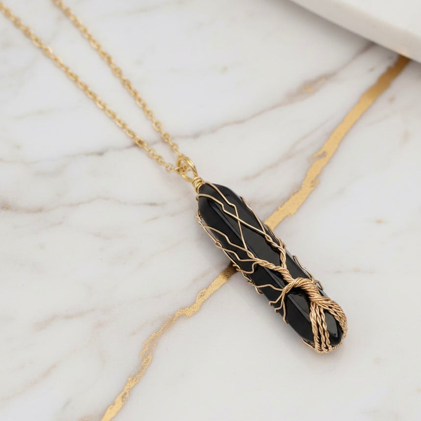 Obsidian Halskette - Goldverzierter Doppelender CrystalScents