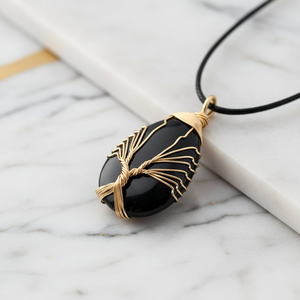 Obsidian Halskette – Tropfenform mit Goldverzierung