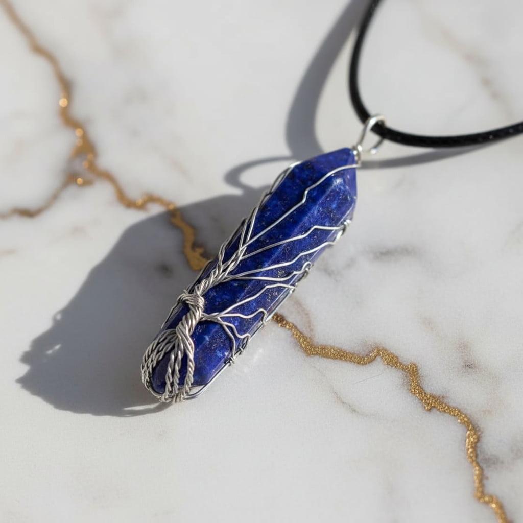 Lapislazuli Halskette - Silberverzierter Doppelender