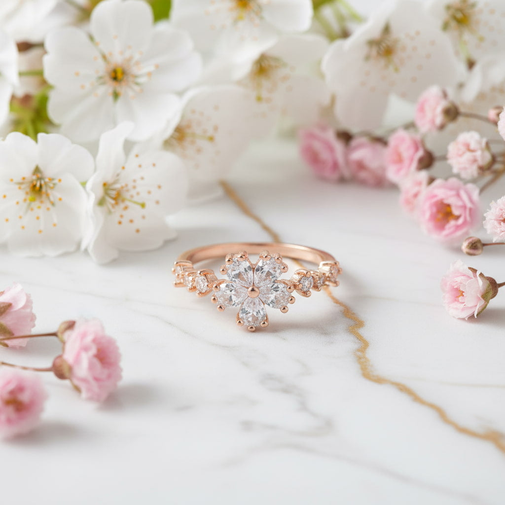 Ring in Roségold mit strahlender Blumenverzierung CrystalScents