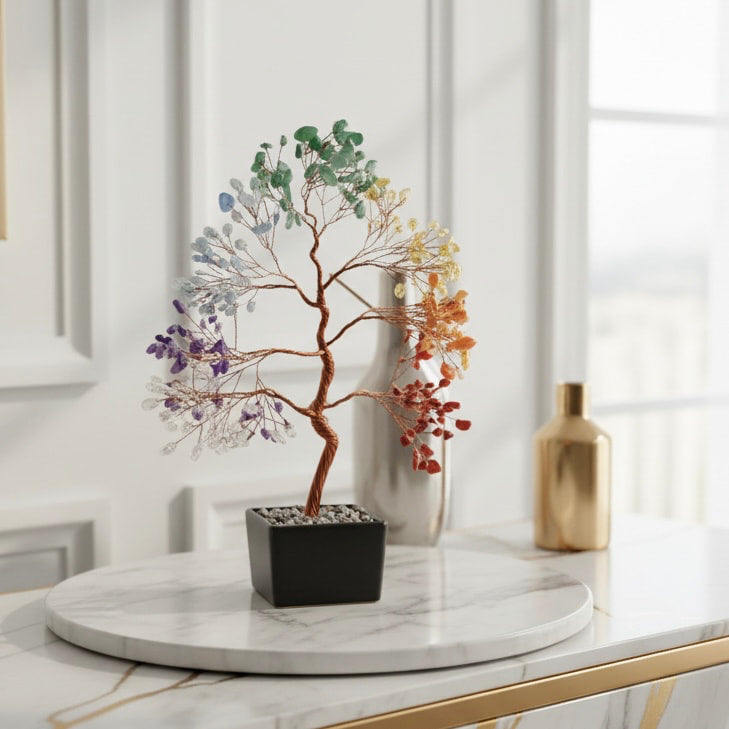 Chakra Baum – Schwarze Keramik mit Edelsteinen CrystalScents