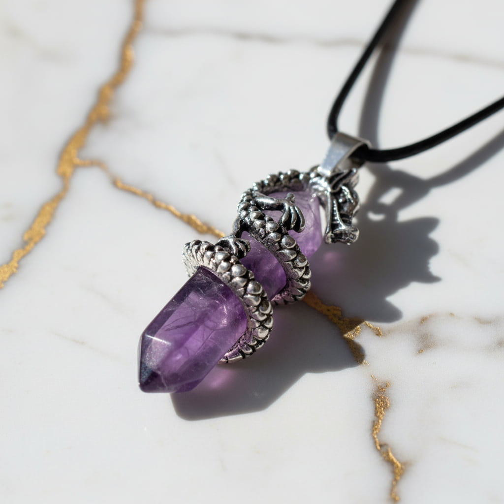Amethyst Halskette – Doppelender mit Drachenmotiv CrystalScents