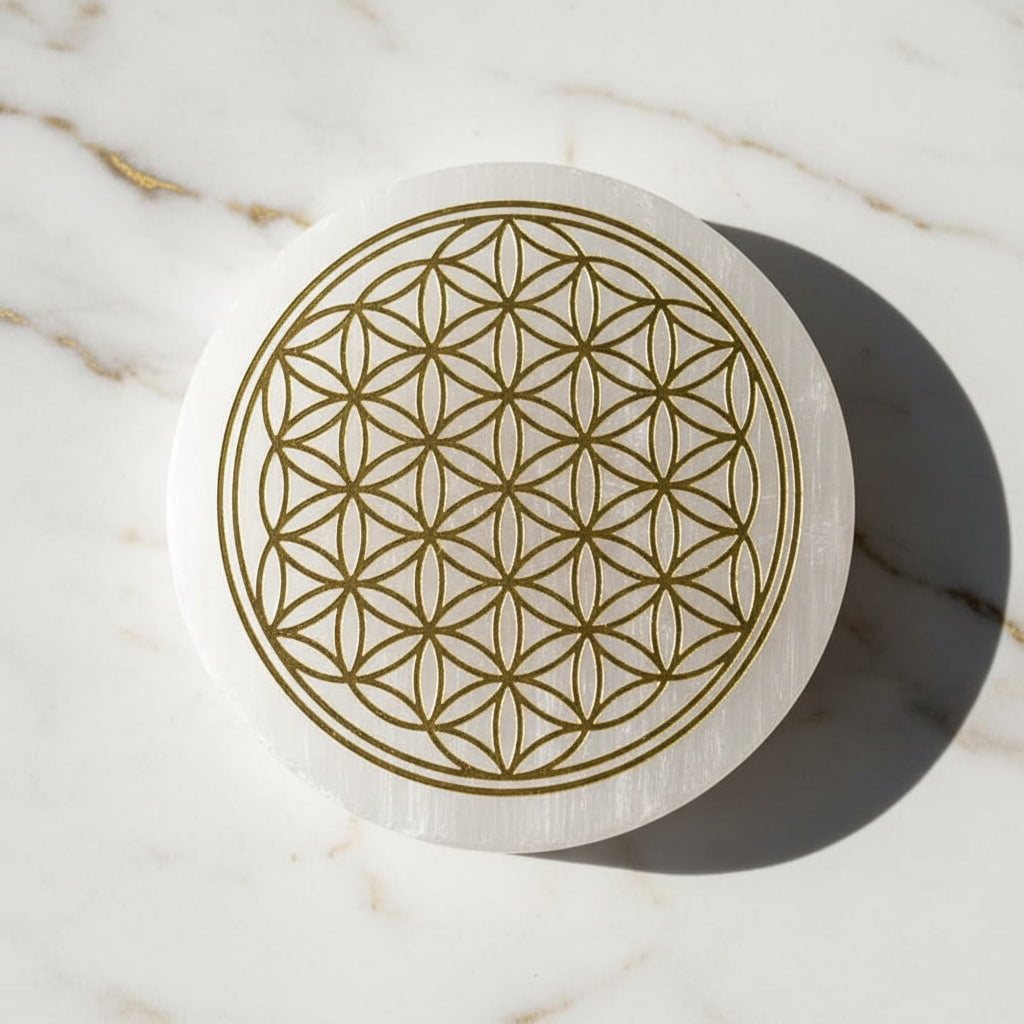 Selenit Scheibe - Goldene Lebensblume