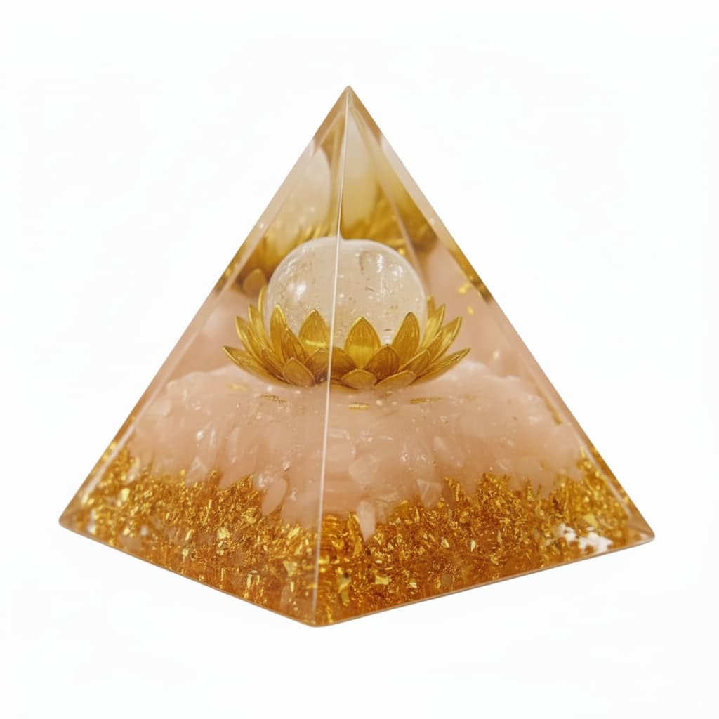 Rosenquarz Orgonit Pyramide - Goldener Lotus CrystalScents