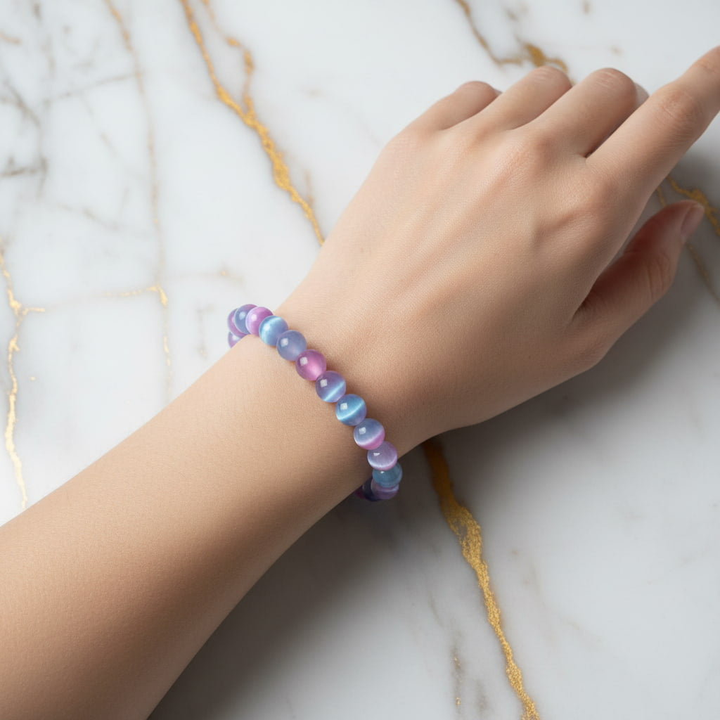 Katzenauge Kugelarmband – Rosa-Blau in schimmerndem Farbspiel