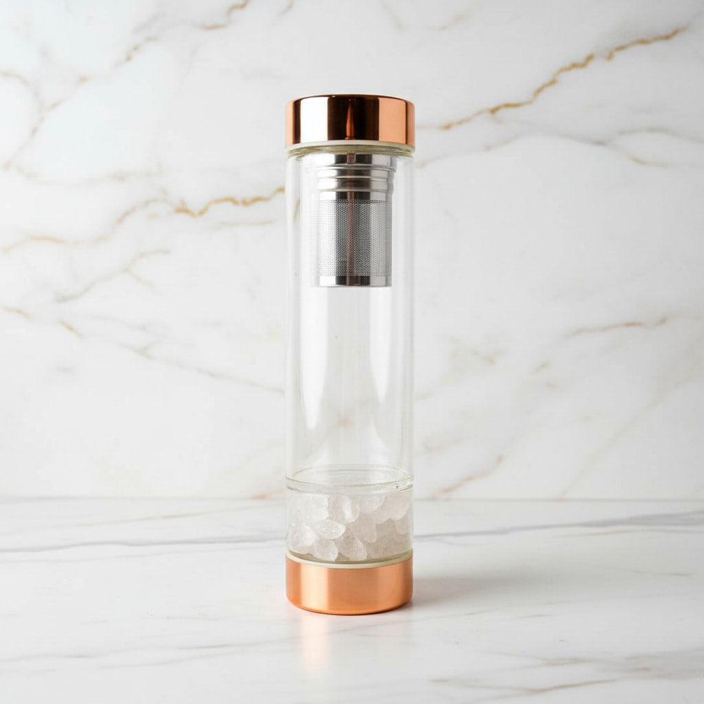 Bergkristall Glasflasche – Tee unterwegs mit Roségoldverschluss CrystalScents