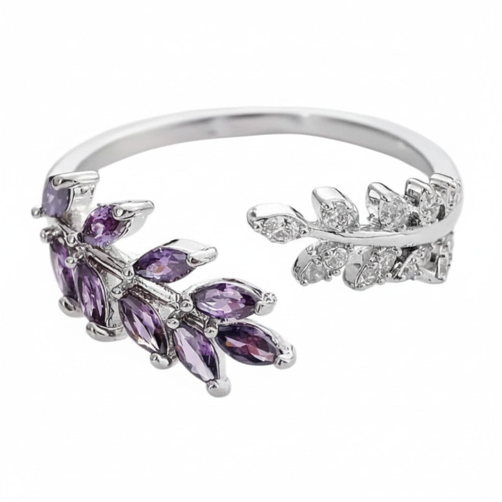 Ring Silber mit offenem Blatt-Design - Lila CrystalScents