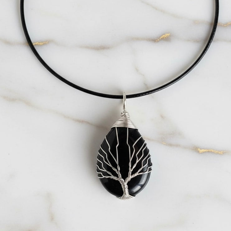 Obsidian Halskette - Silbern verziert