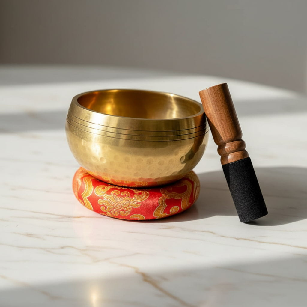 Klangschale mit rotem Kissen – Entspannung & Harmonie CrystalScents