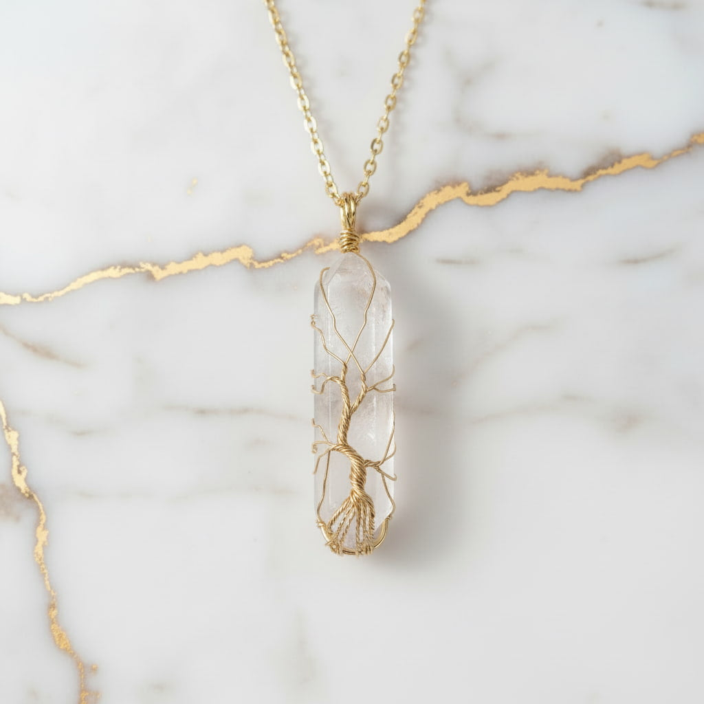 Bergkristall Halskette - Goldverzierter Doppelender