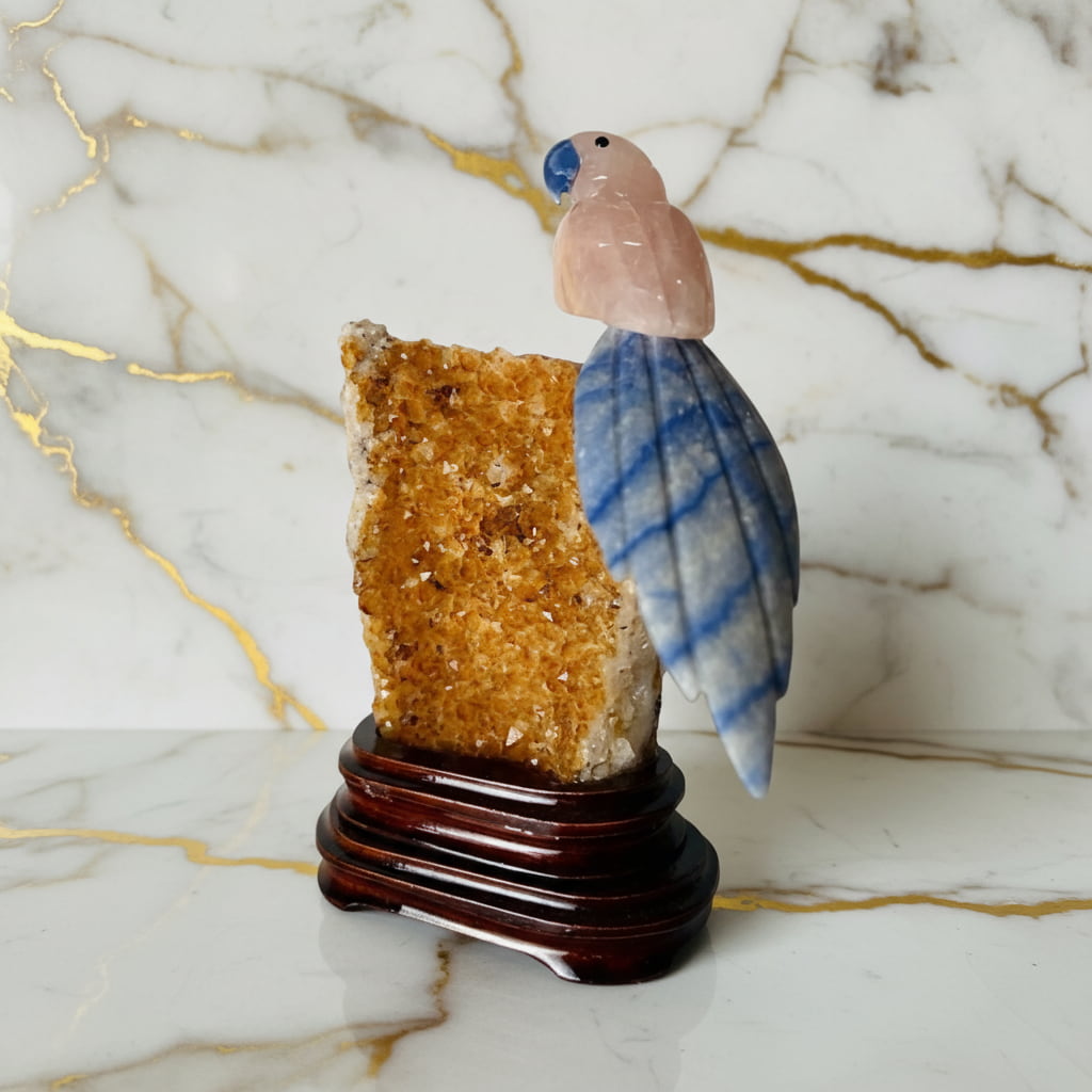 Citrin Druse mit Rosenquarz Vogel