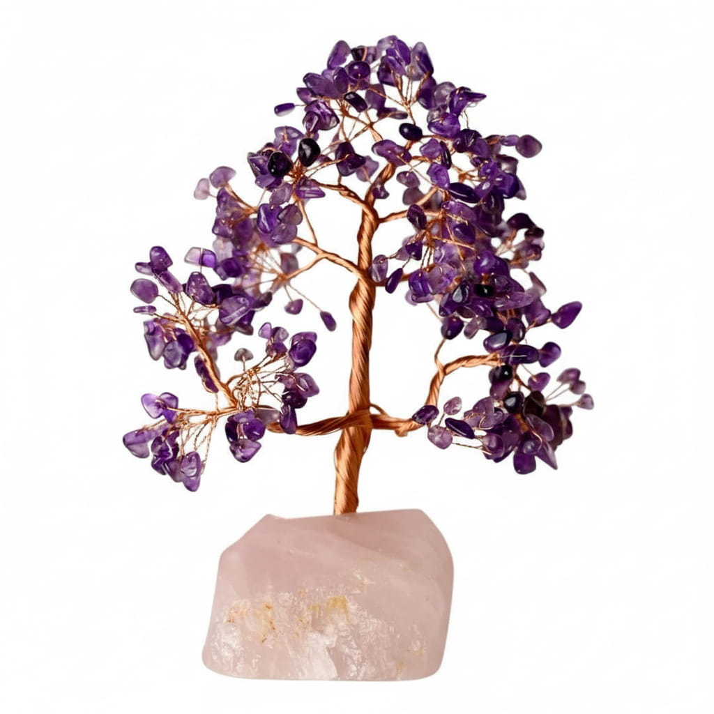 Amethyst Baum auf Rosenquarzrohstein – Harmonie & Balance CrystalScents