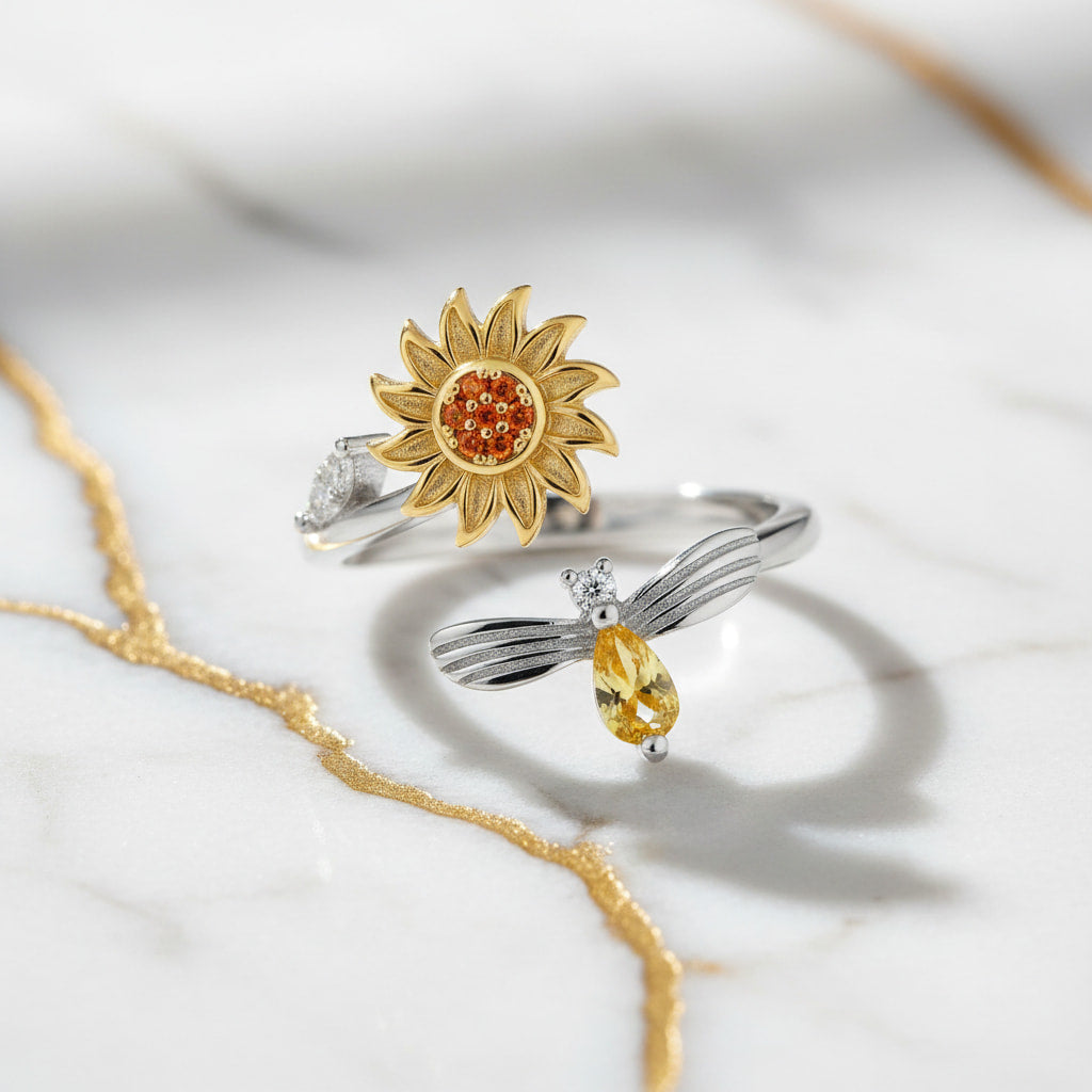 Ring offen Silber mit drehbarer Blume & Biene CrystalScents