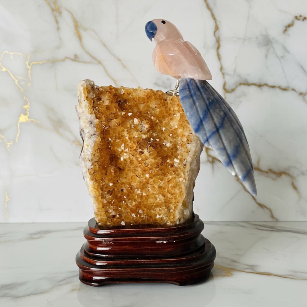 Citrin Druse mit Rosenquarz Vogel