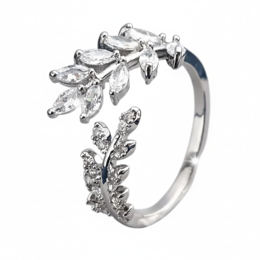 Ring Silber mit Blatt offenem Blatt Design in Weiß CrystalScents