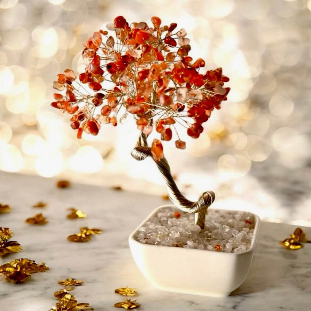 Roter Achat-Baum im Keramiktopf – Stilvolles Kristallobjekt für Energie und Ausstrahlung