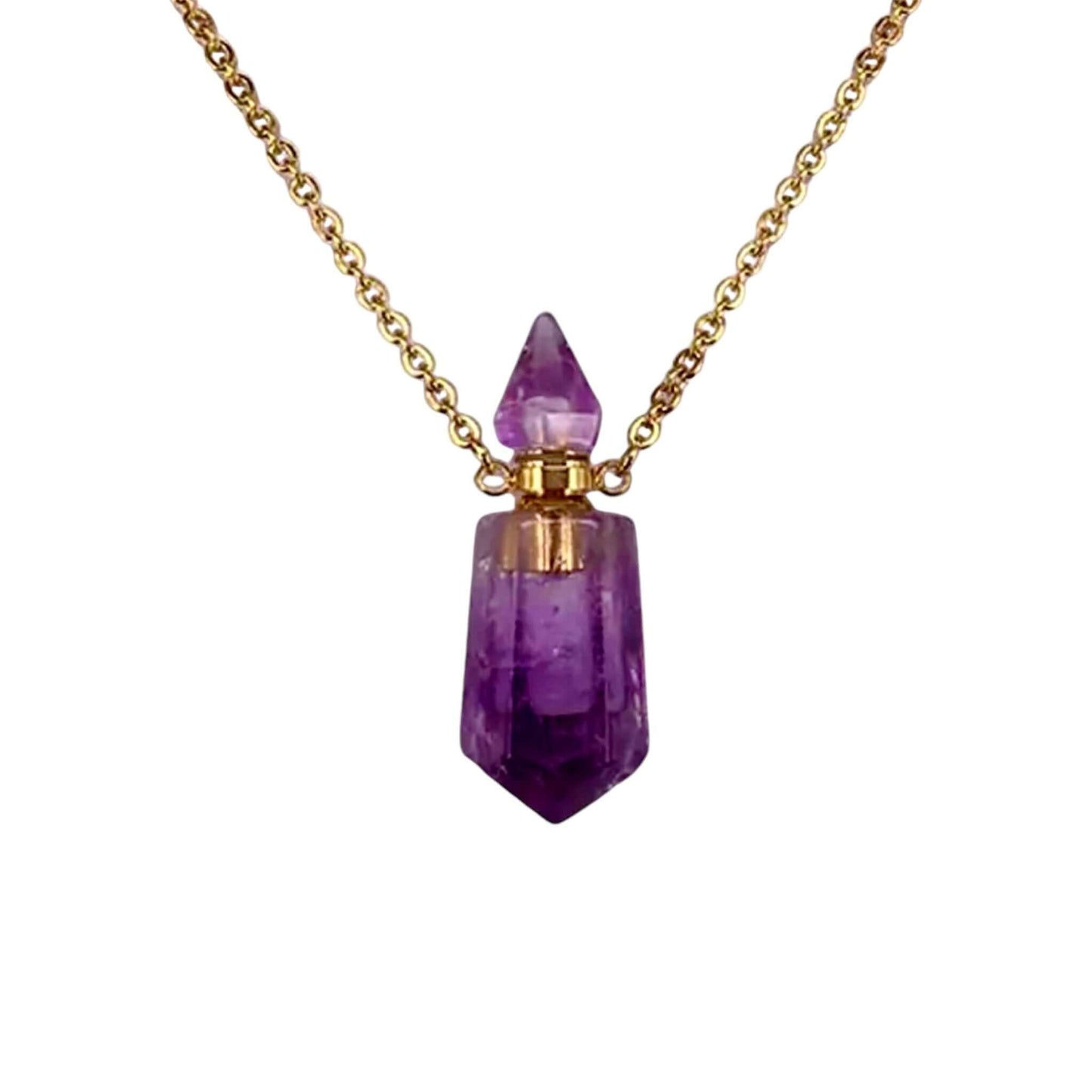 Goldene Halskette mit Parfümfläschchen aus Amethyst