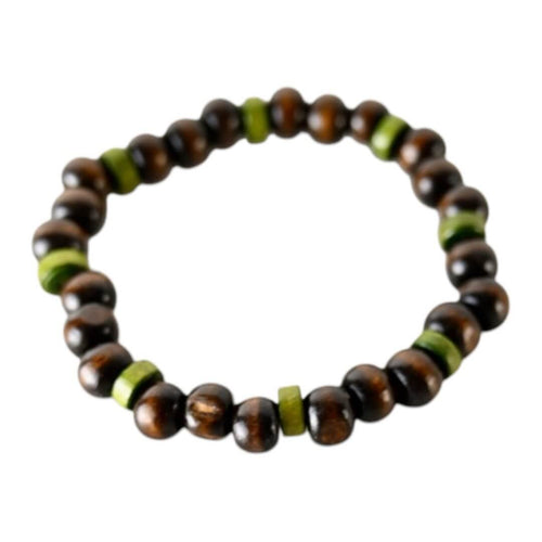 Elastisches Armband mit dunkelbraunen und grünen Holzperlen