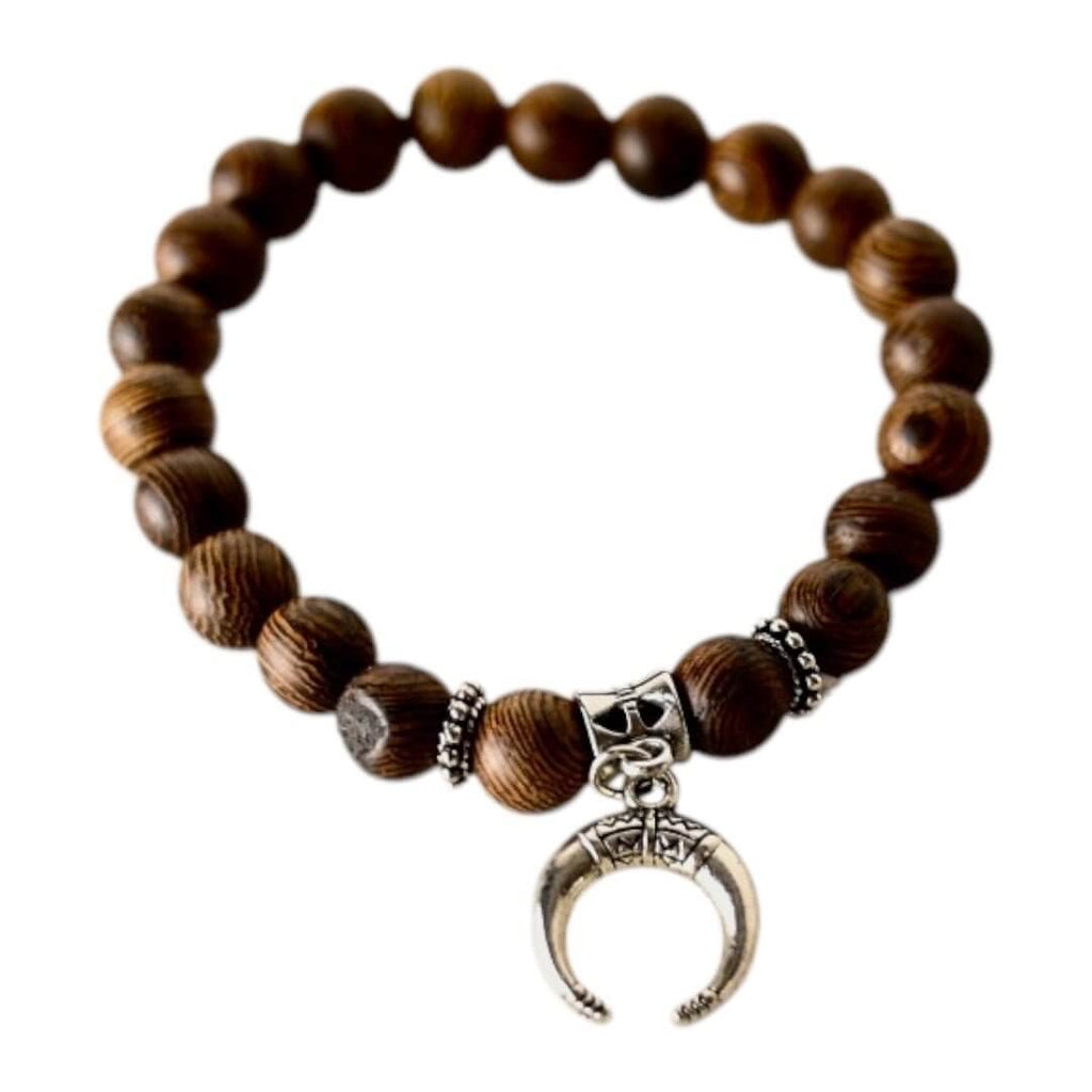 Elastisches Armband mit dunkelbraunen Holzperlen und Sichelmond