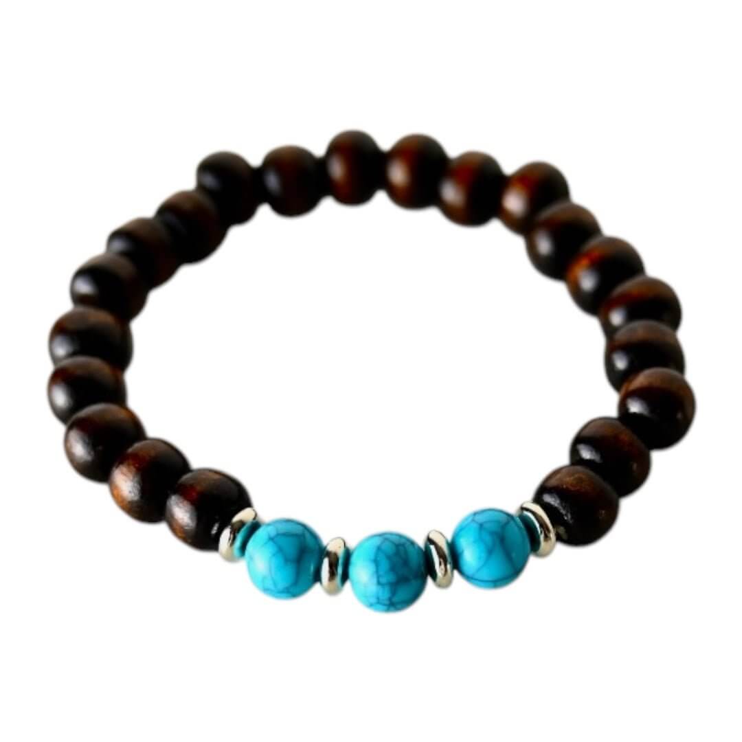 Elastisches Armband mit Holzperlen und Türkis-Imitat