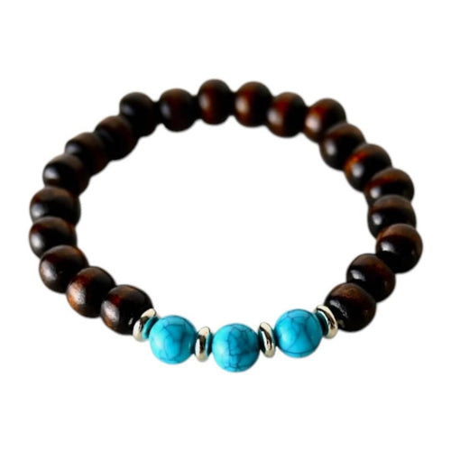 Elastisches Armband mit Holzperlen und Türkis-Imitat