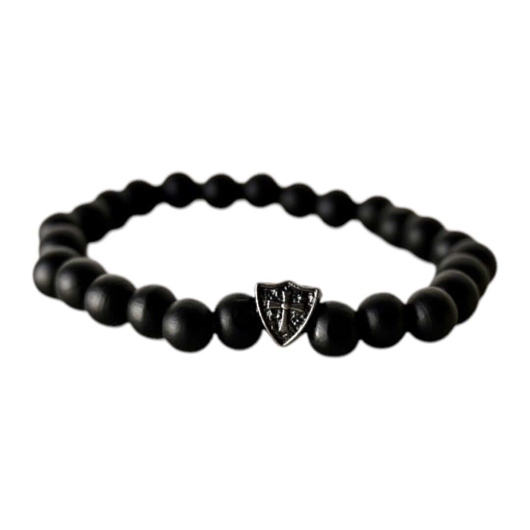 Elastisches Armband mit schwarzen Holzperlen und Schildelement