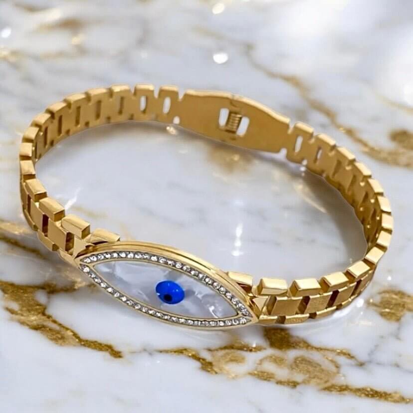 Goldenes Armband „schützendes Auge“ mit Perlmutt