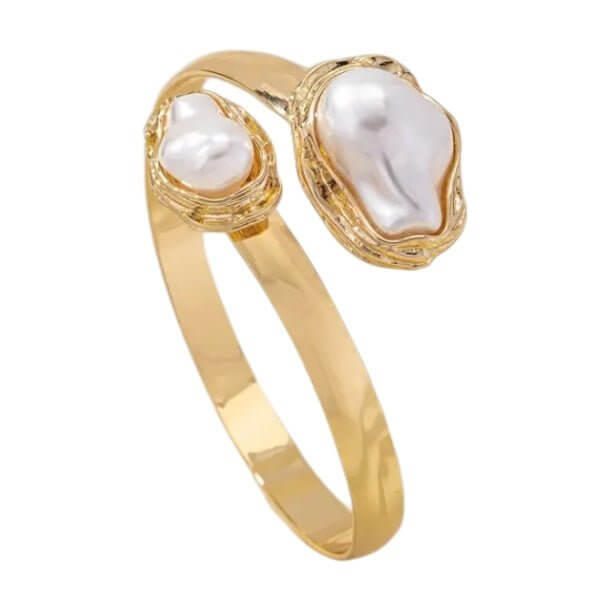 Goldener Offener Armreif mit Perlen, weiß