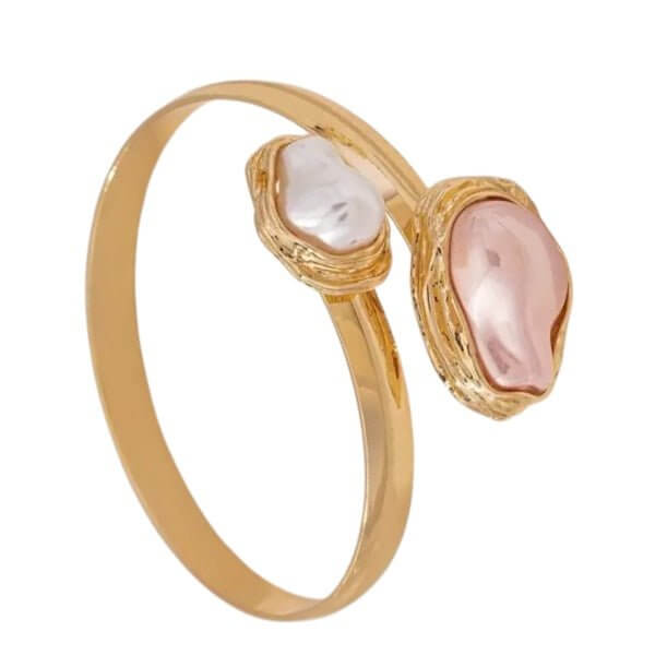 Goldener Offener Armreif mit Perlen, rosa