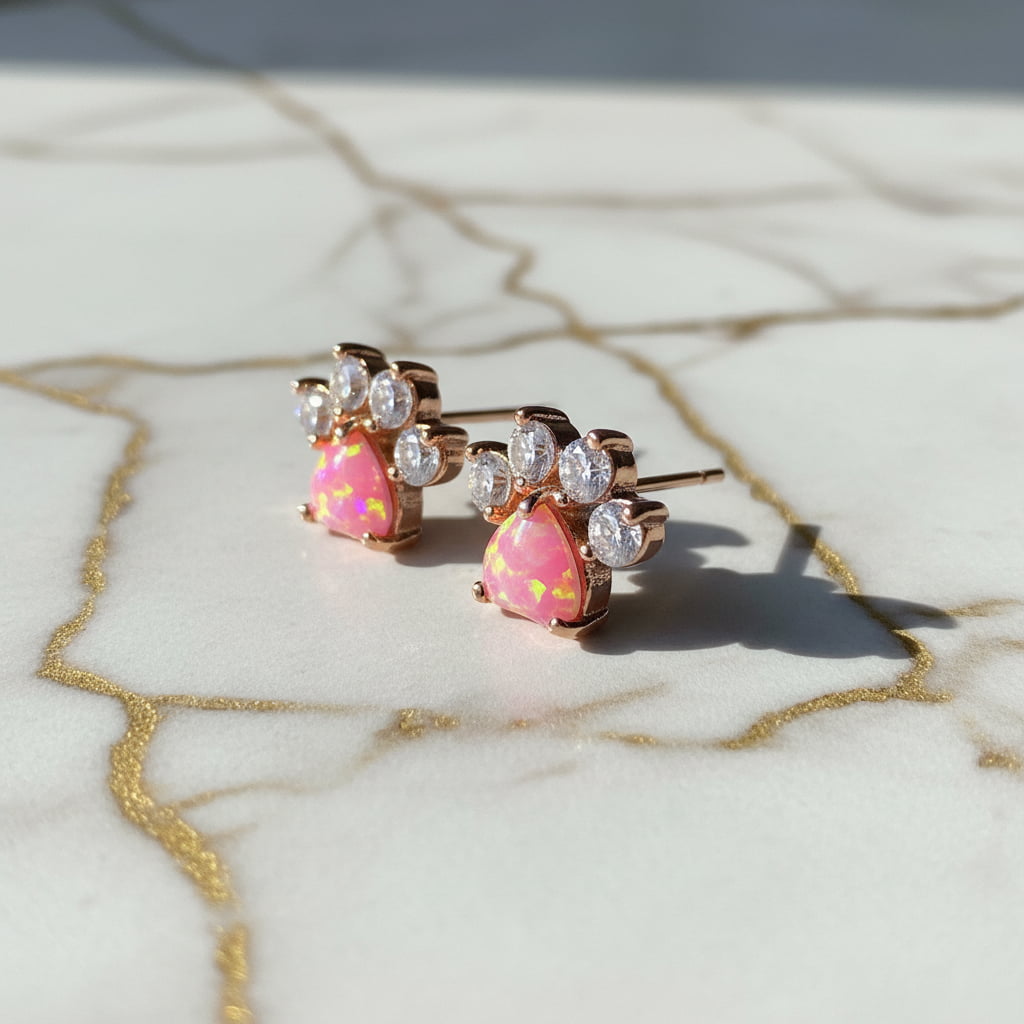 Ohrstecker rosa Opal – süßes Pfoten-Design CrystalScents