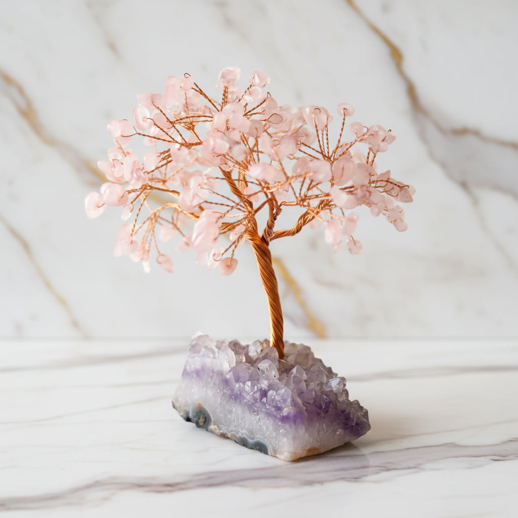 Rosenquarz Baum auf Amethystdruse – Liebe & Harmonie CrystalScents