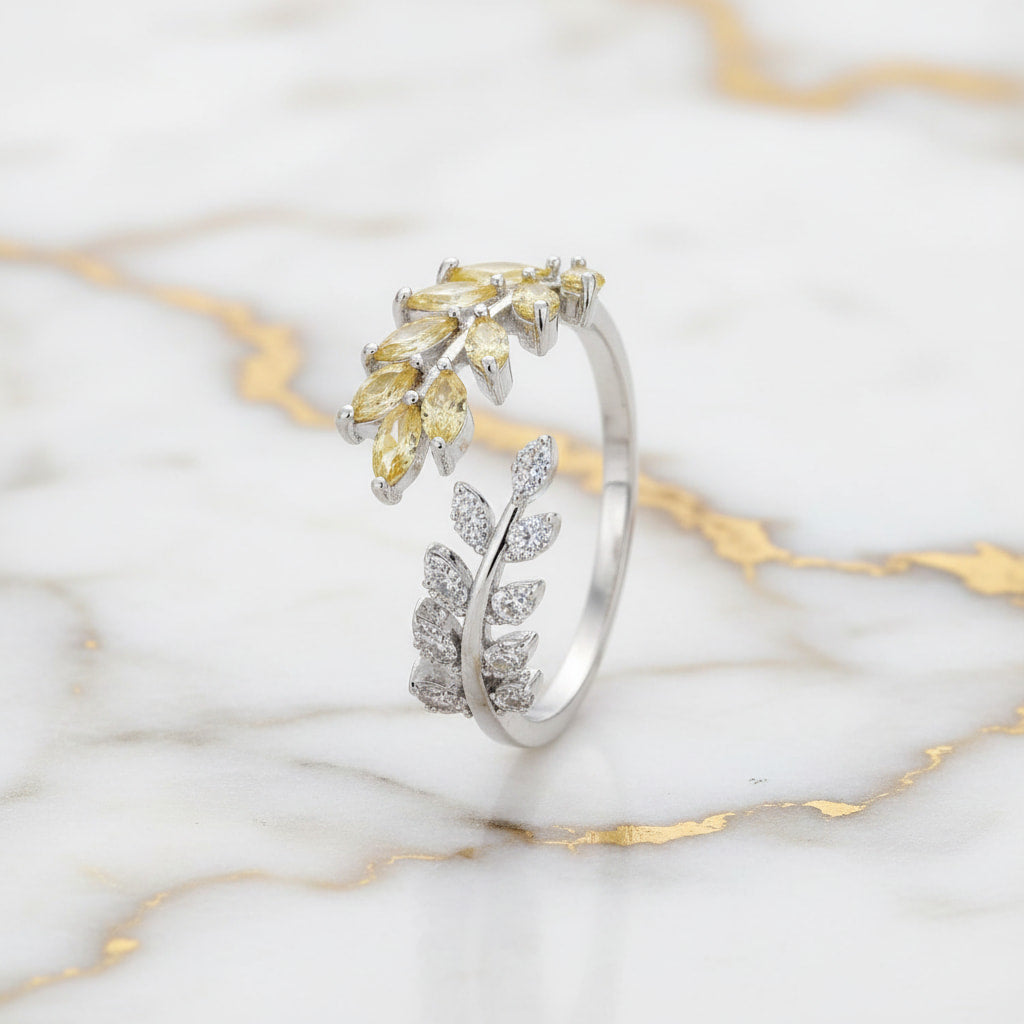 Ring Silber mit offenem Blatt-Design in Champagner CrystalScents