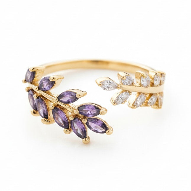 Ring mit offenem Blatt-Design in Lila CrystalScents