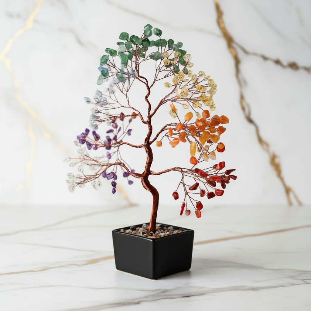 Chakra Baum – Schwarze Keramik mit Edelsteinen CrystalScents