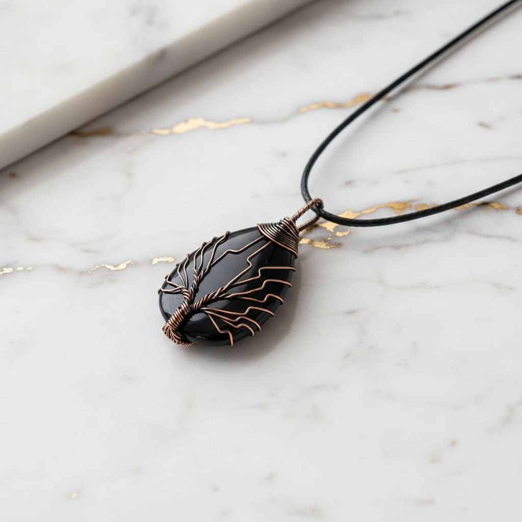 Obsidian Halskette – Tropfenform mit Kupferfassung