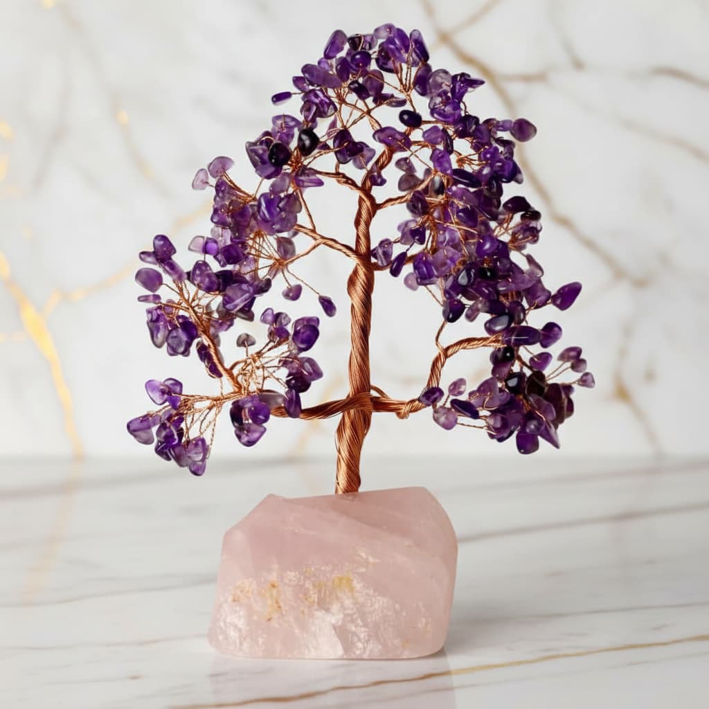 Amethyst Baum auf Rosenquarzrohstein – Harmonie & Balance CrystalScents