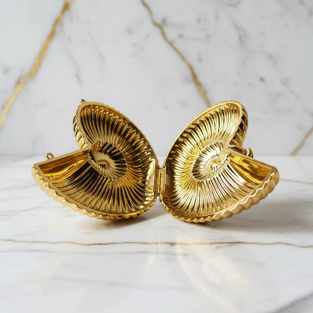 Clutch Muschel in Gold – Statement-Accessoire CrystalScents