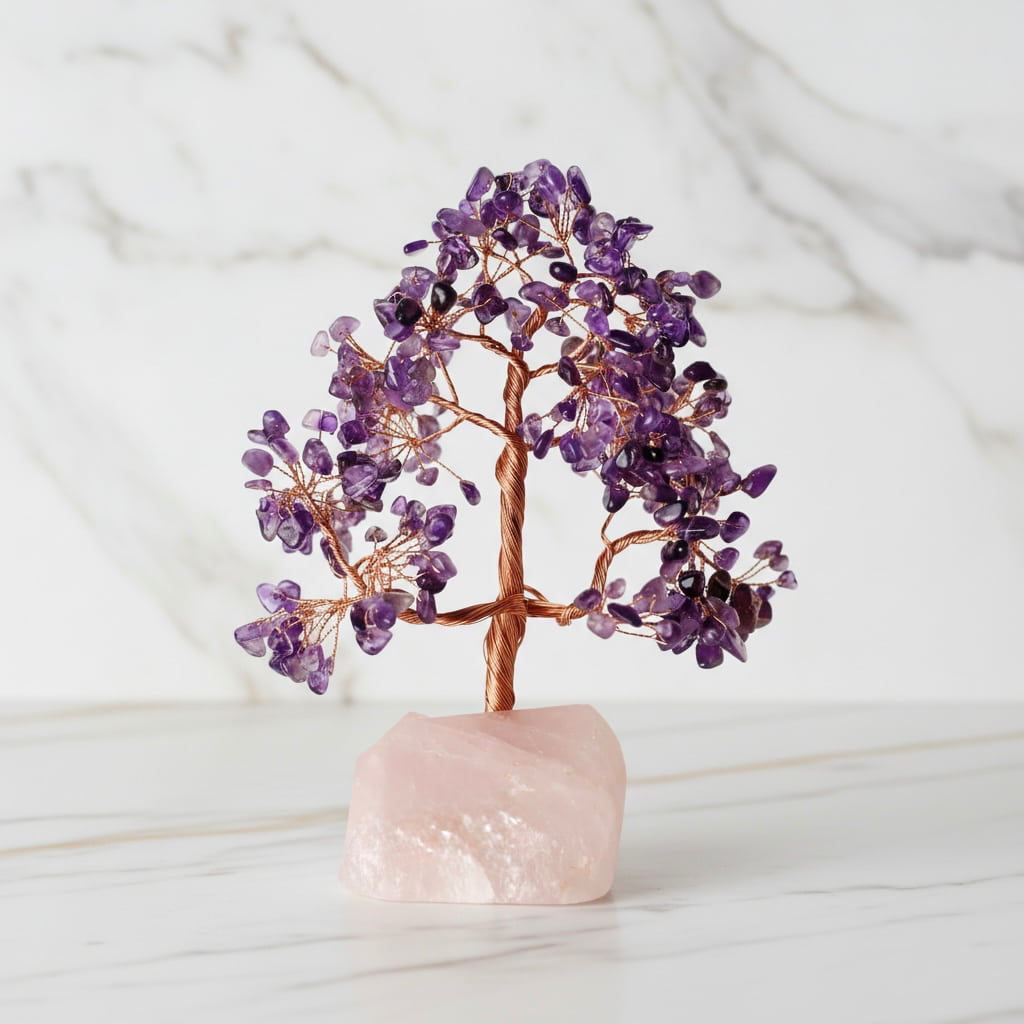 Amethyst Baum auf Rosenquarzrohstein – Harmonie & Balance CrystalScents