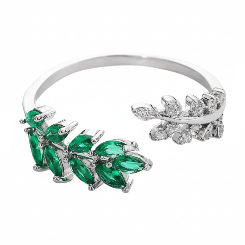 Ring Silber mit offenem Blatt-Design in Grün CrystalScents