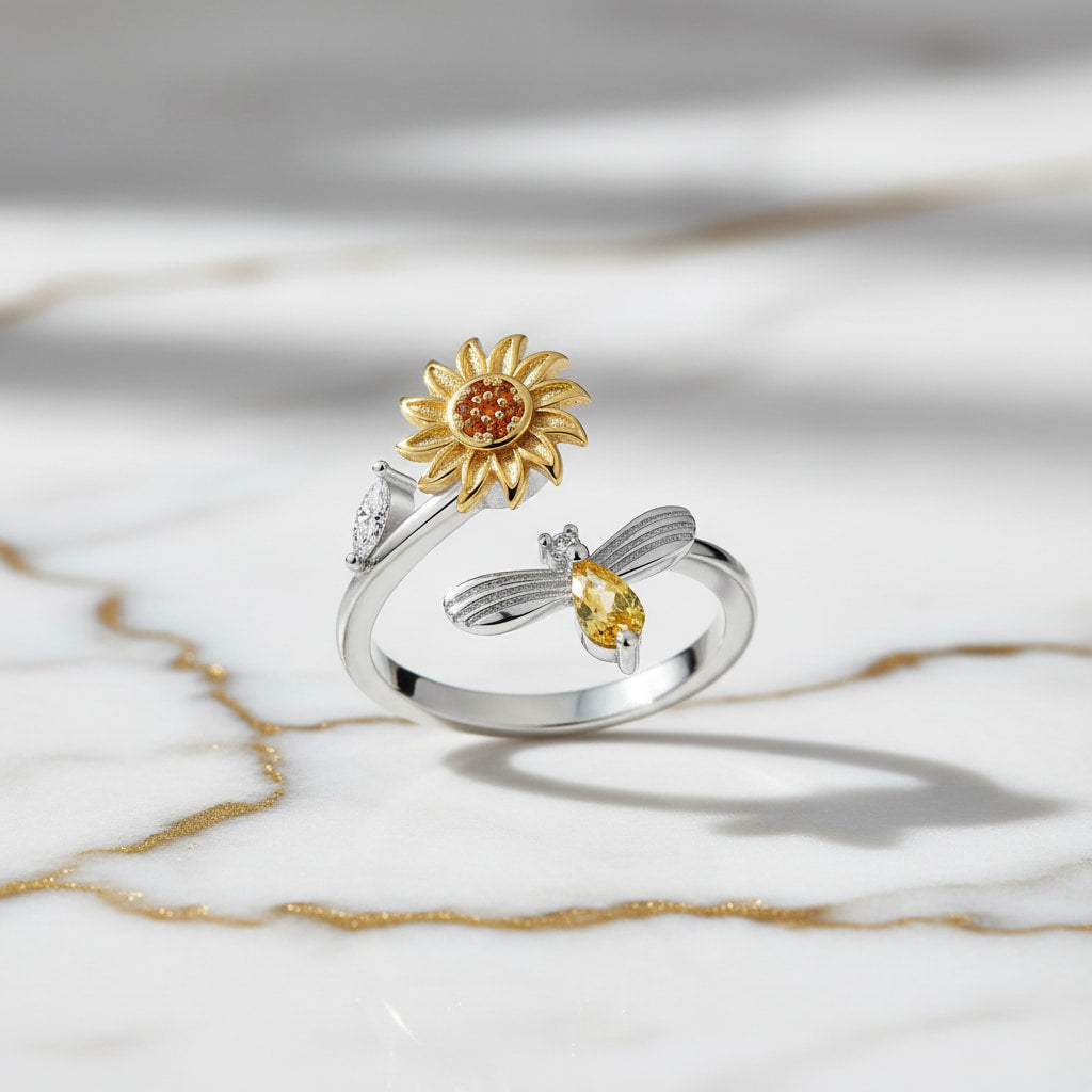 Ring offen Silber mit drehbarer Blume & Biene CrystalScents