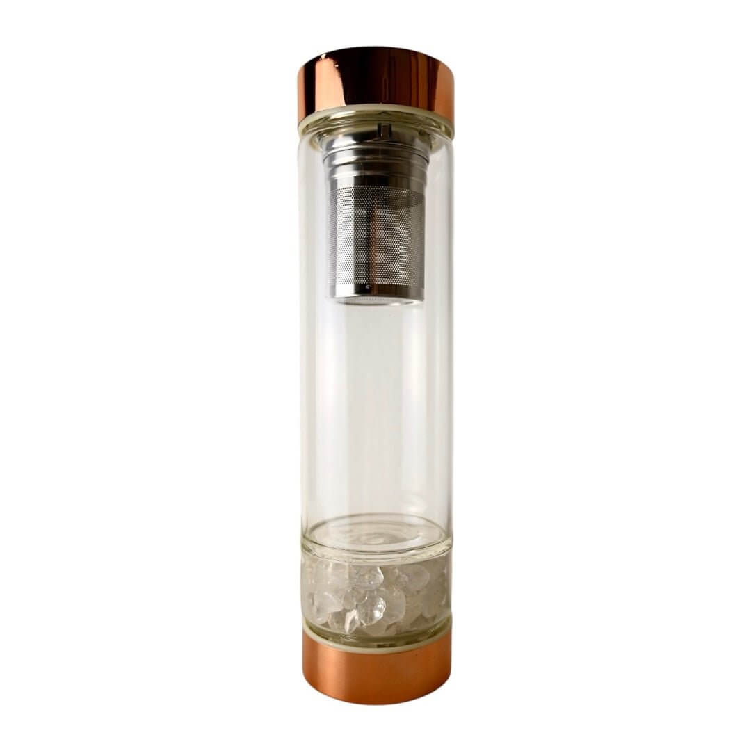 Elegante Glasflasche mit Bergkristall & roségoldenem Verschluss – perfekt für Tee unterwegs