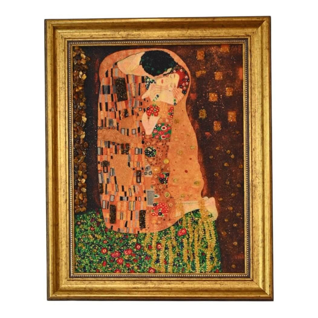 Bernsteinbild mit Rahmen „Der Kuss“ – Ausdrucksstarkes Naturkunstwerk für Energie und Balance