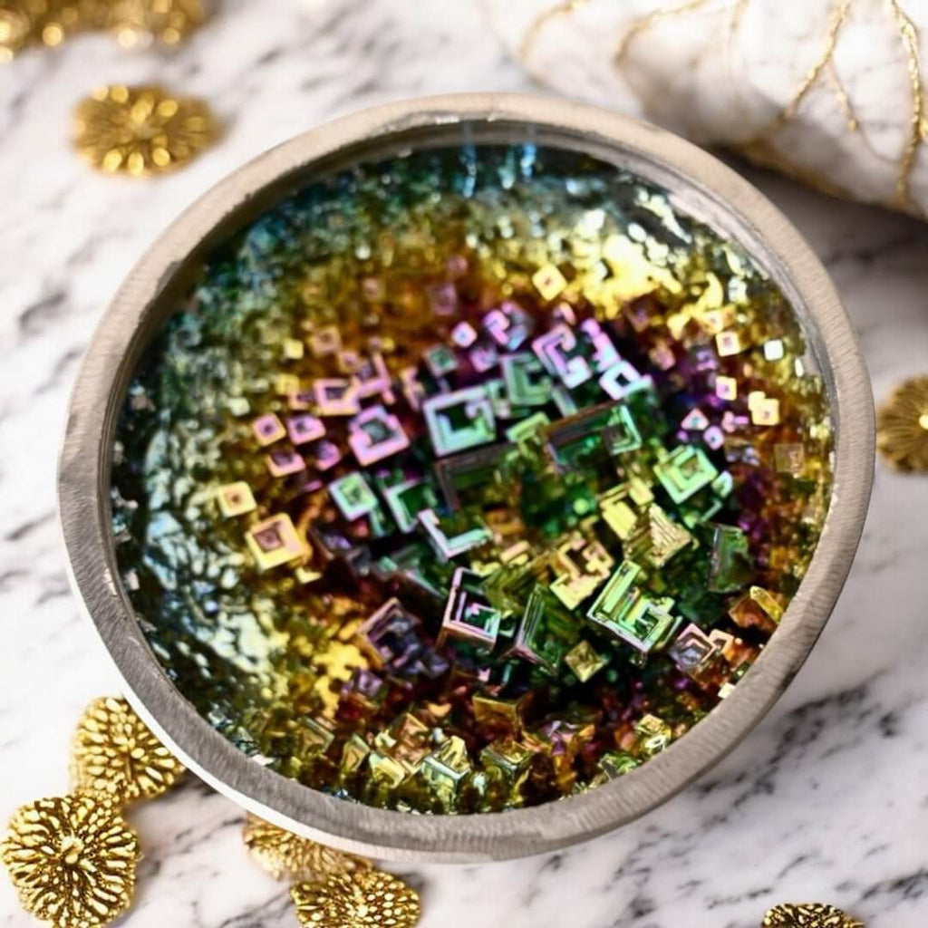 Bismut Schale in Regenbogenfarben – Ausdrucksstarkes Kristallobjekt für Sammler