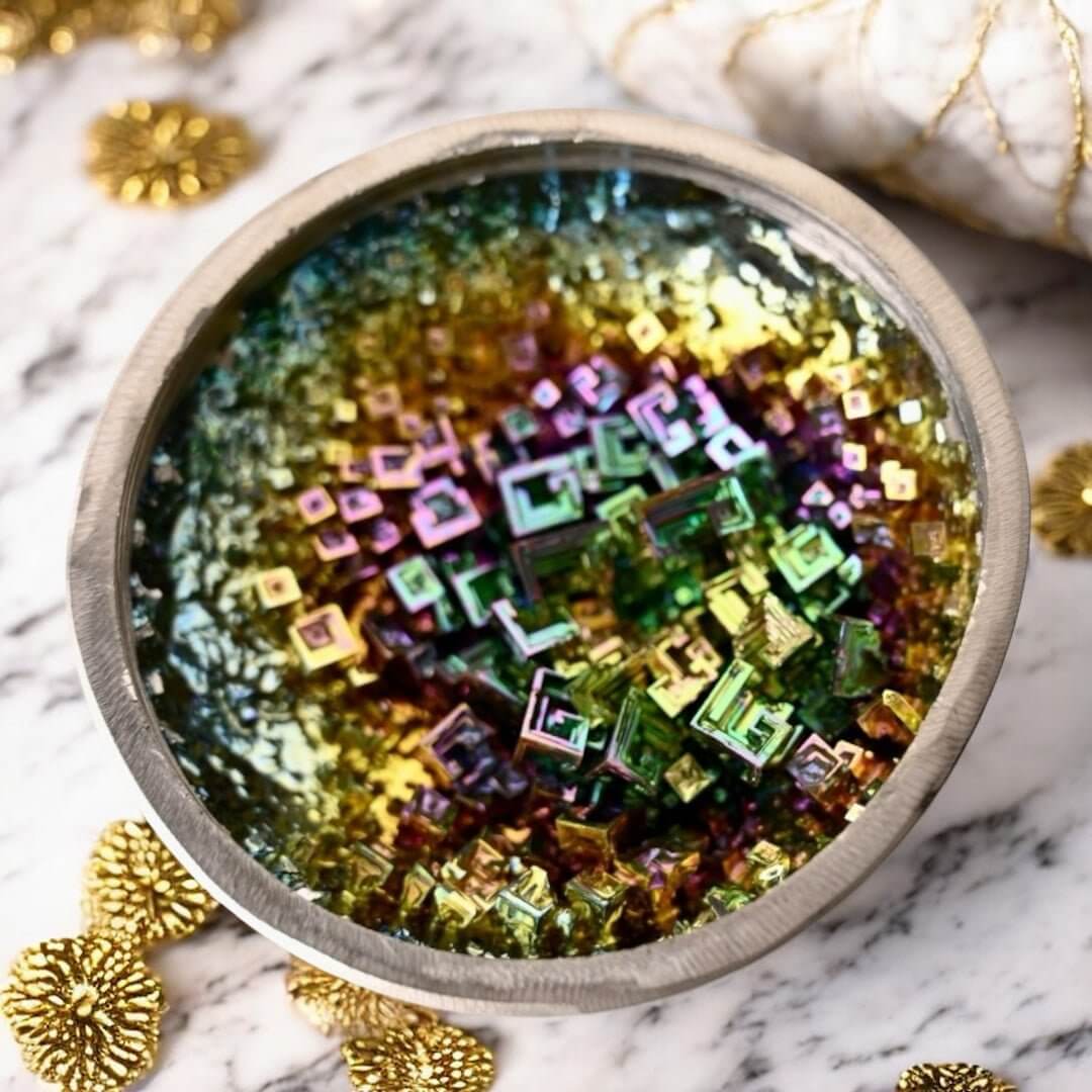 Bismut Schale in Regenbogenfarben – Ausdrucksstarkes Kristallobjekt für Sammler