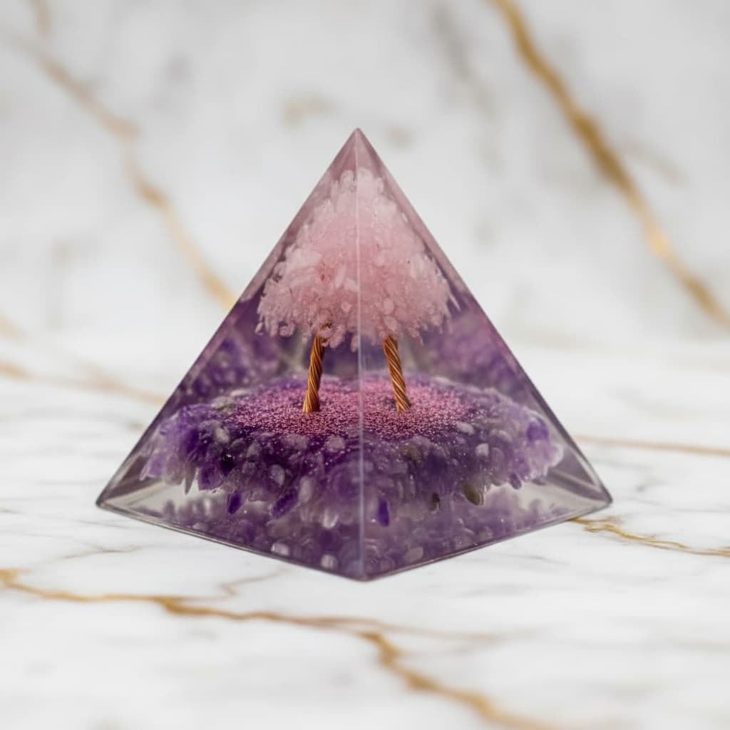 Orgonit Pyramide – Kirschblütenzauber mit Amethyst & Rosenquarz CrystalScents