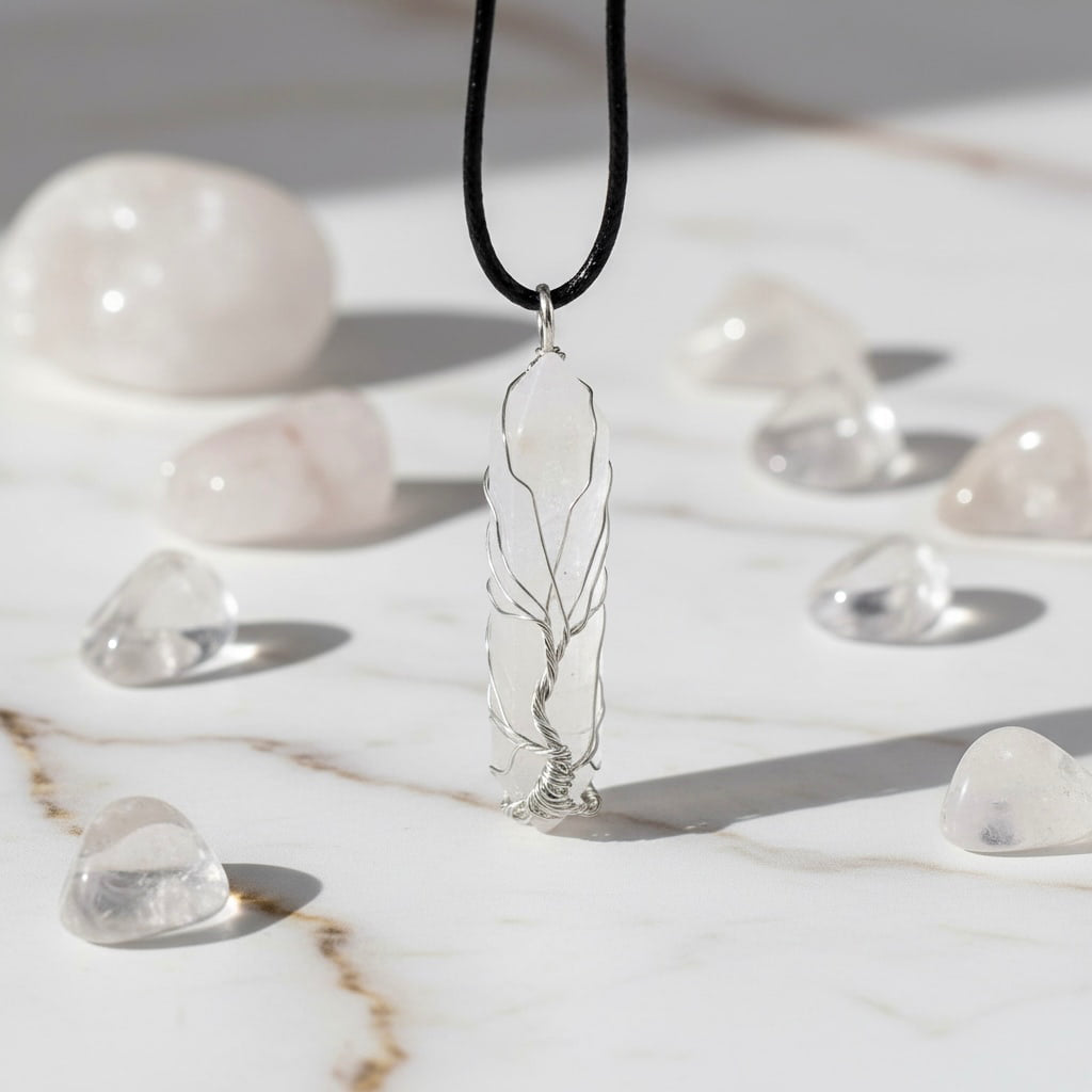 Bergkristall Halskette - Silberverzierter Doppelender